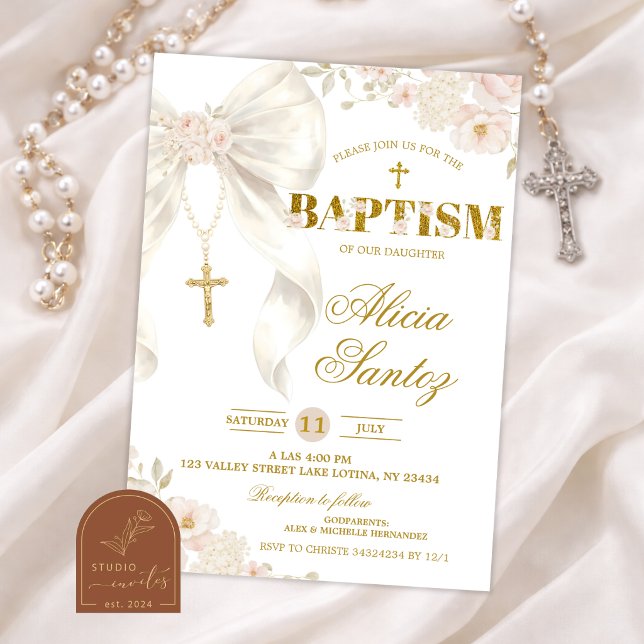 Ivory Bow Coquette Rosary Baptism Invitation (Creator Uploaded)