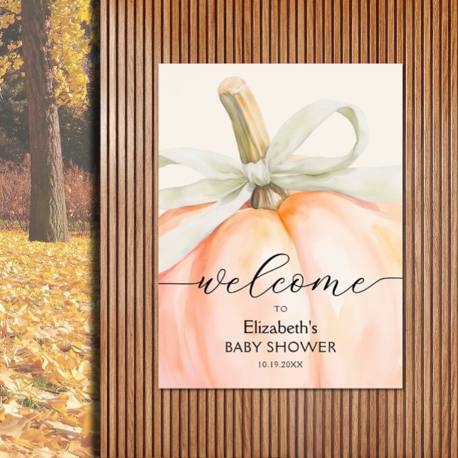 Ivory Bow Little Pumpkin Baby Shower Welcome Poster (Baby shower pumpkin welcome poster, PRINTED and/or INSTANT DOWNLOAD, choose size when ordering)