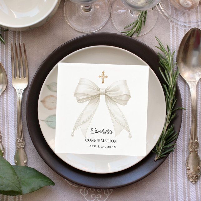 Ivory bow pearls elegant Confirmation luncheon Napkin (Creator Uploaded)