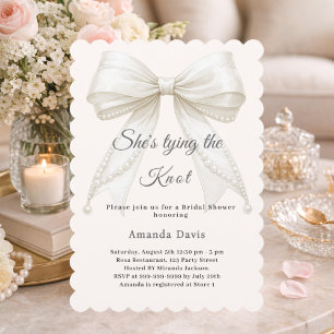 Ivory bow pearls tying the knot Bridal Shower Invitation