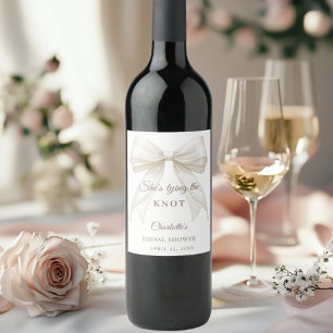 Ivory bow pearls tying the knot Bridal Shower Wine Label