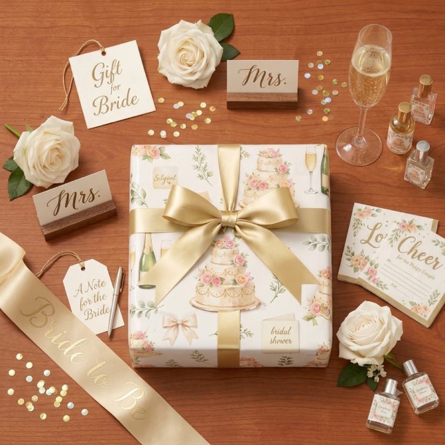 Ivory Bows & Champagne Bridal Shower Pattern Wrapping Paper (Creator Uploaded)