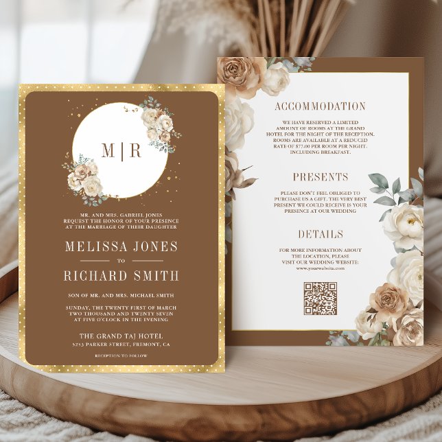 Ivory Brown Beige Floral Gold All in One Wedding Invitation (Creator Uploaded)