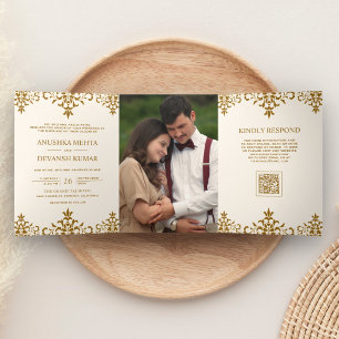Ivory Brown Damask Ethnic QR Code Indian Wedding Tri-Fold Invitation