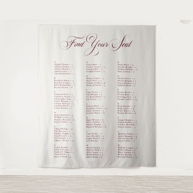Ivory Burgundy Alphabetical Wedding Seating Chart Tapestry (Front)