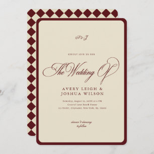 Ivory & Burgundy Checkered Border Retro Wedding Invitation