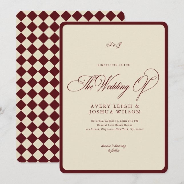 Ivory & Burgundy Checkered Border Retro Wedding Invitation (Front/Back)