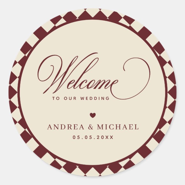 Ivory & Burgundy Checkered Retro Wedding Welcome Classic Round Sticker (Front)