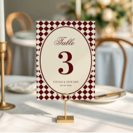 Ivory & Burgundy Checkered Wedding Table Number
