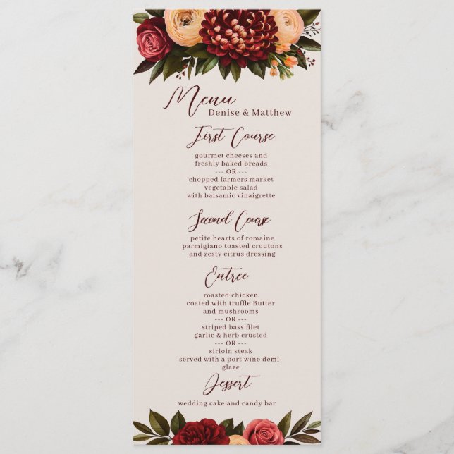 Ivory & Burgundy Chrysanthemum Wedding Menu (Front)