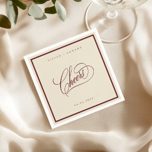 Ivory Burgundy Classic Border Cheers Retro Wedding Napkin