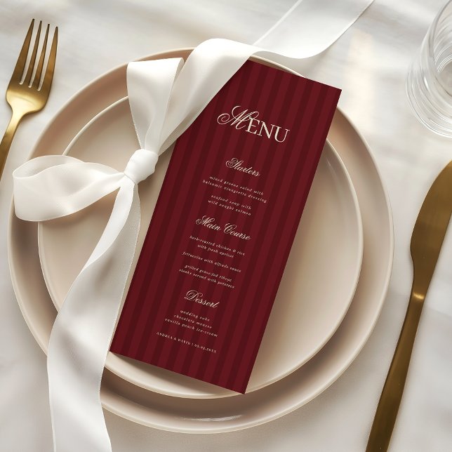 Ivory & Burgundy Elegant Stripes Retro Wedding Menu (Creator Uploaded)