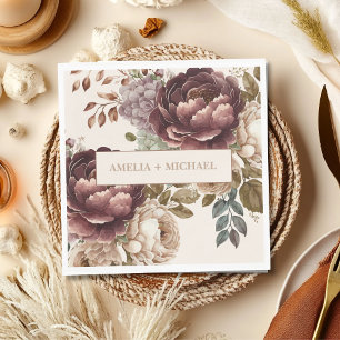 Ivory burgundy floral fall winter wedding napkin
