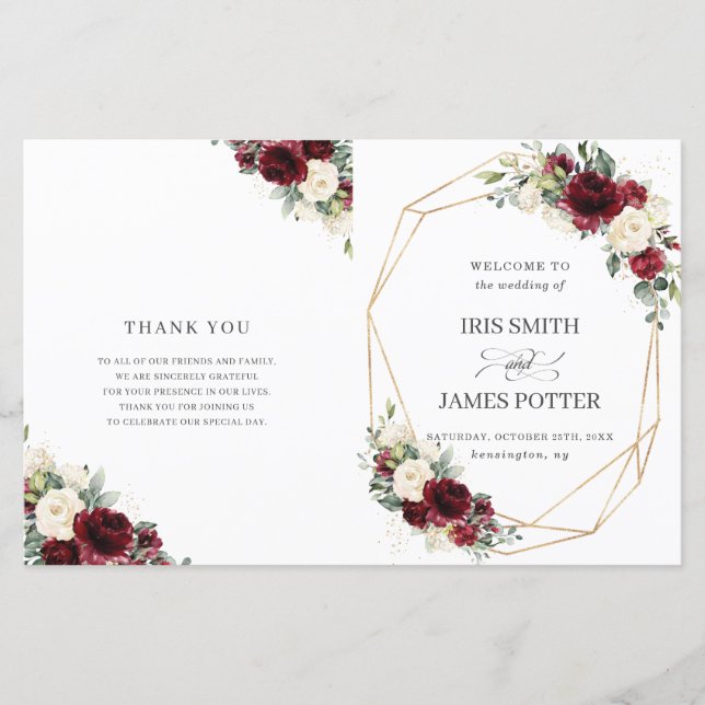 Ivory Burgundy Floral Folded Wedding Program  (Front)