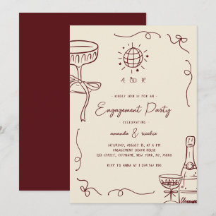 Ivory & Burgundy Fun Hand Drawn Engagement Party Invitation