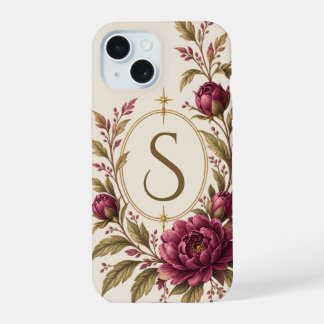 Ivory Burgundy Peony Botanical Monogram iPhone 15 Case