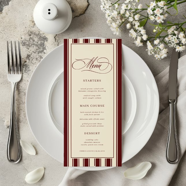 Ivory & Burgundy Stripes Border Retro Wedding Menu (Creator Uploaded)