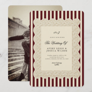 Ivory & Burgundy Stripes Lace Vintage Wedding Invitation
