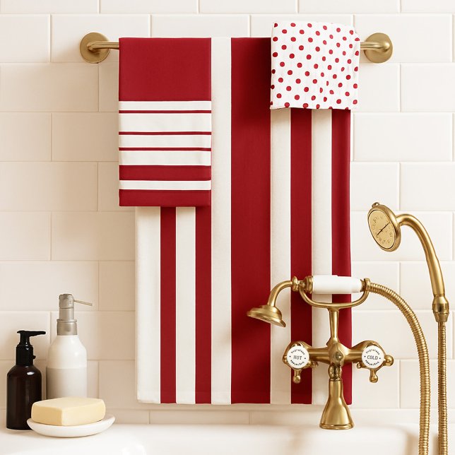 Ivory Burgundy Stripes Polka Dots Bath Towel Set (A classic bathroom towel set in ivory and burgundy with stripes and polka dots)