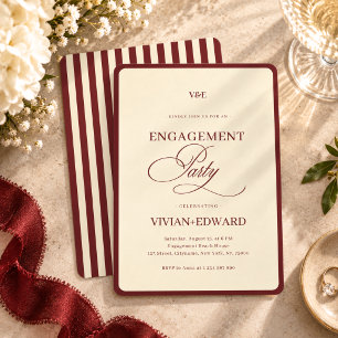 Ivory & Burgundy Stripes Retro Engagement Party Invitation