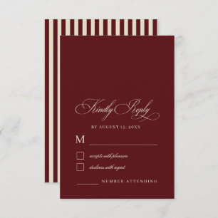 Ivory & Burgundy Stripes Retro Old Money Wedding RSVP Card