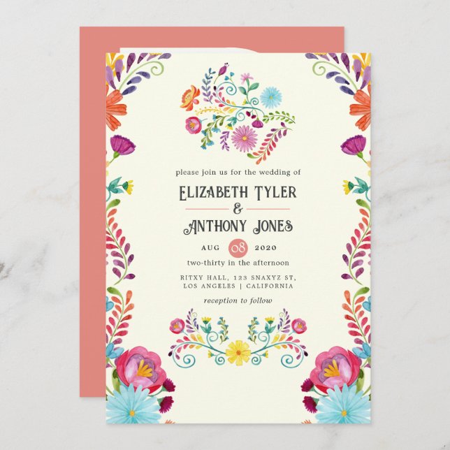 Ivory & Burnt Coral Floral Mexican Fiesta Wedding Invitation (Front/Back)