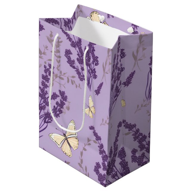 Ivory Butterflies with Lavender Flowers Medium Gift Bag (Front Angled)