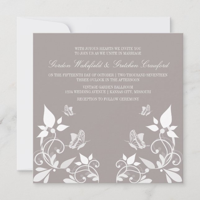 Ivory Butterfly Floral Wedding Invite (Front)