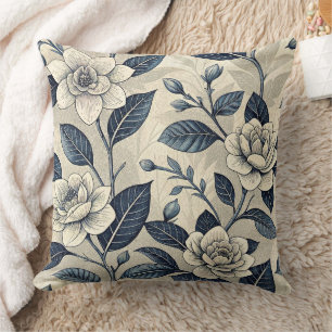 Ivory Camellia Indigo Blue Chinoiserie Botanical Cushion