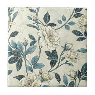 Ivory Camellia Indigo Chinoiserie Botanical Tile