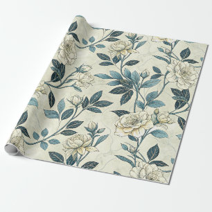 Ivory Camellia Indigo Chinoiserie Botanical Wrapping Paper