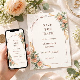 Ivory champagne florals ribbon elegant wedding save the date