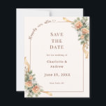 Ivory champagne florals wedding Save the Date card<br><div class="desc">Announce your special day with this elegant and romantic save the date card featuring soft champagne tones, delicate florals, and flowing ribbon details. Designed with a refined border and a graceful script accent, this card creates a timeless and sophisticated first impression for your wedding. Perfect for garden weddings, romantic celebrations,...</div>