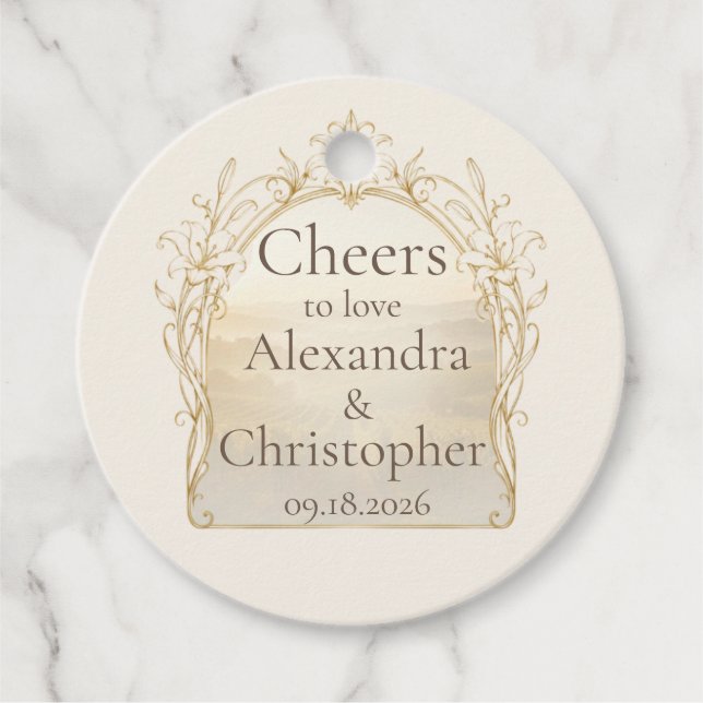 Ivory Champagne Lily Wedding Bottle Favour Tag (Front)