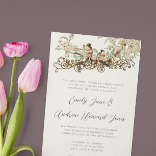 Ivory Cherry Blossom Vintage Love Birds Wedding Invitation