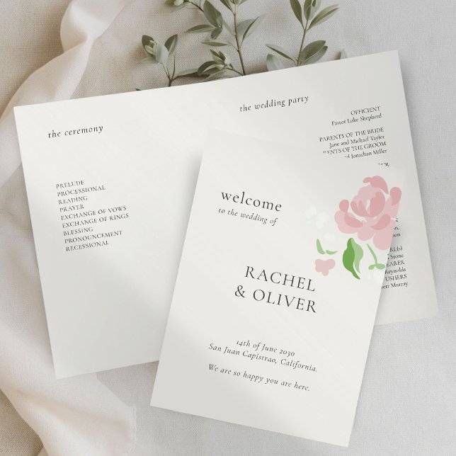 Ivory | Chic Blush Floral Wedding Folded Program Programme (Creator Uploaded)