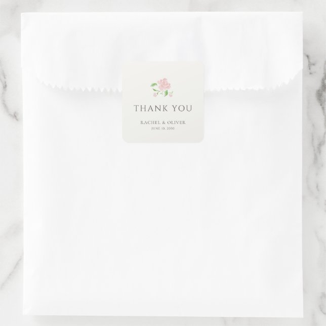 Ivory | Chic Blush Rose Wedding Thank you Square Sticker (Bag)