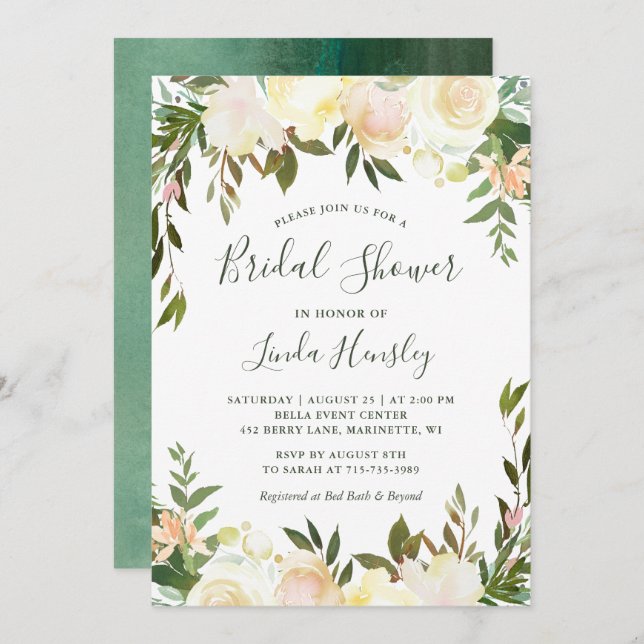 Ivory Chic Floral Garden Greenery Bridal Shower Invitation (Front/Back)