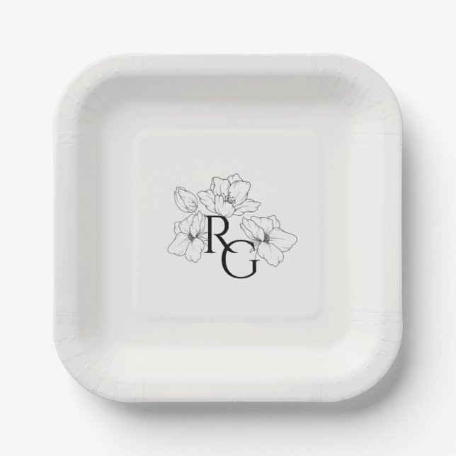 Ivory | Chic Floral Monogram Wedding  Paper Plate (Front)