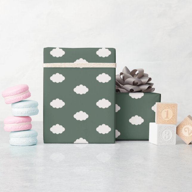 Ivory Clouds on Dark Green Wrapping Paper (Baby Shower)