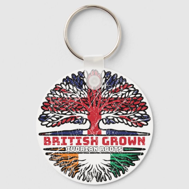 Ivory Coast Ivorian British UK Tree Roots Flag Key Ring (Front)