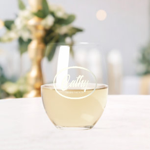 Ivory Color Stylized Name Wedding Bridesmaid Stemless Wine Glass