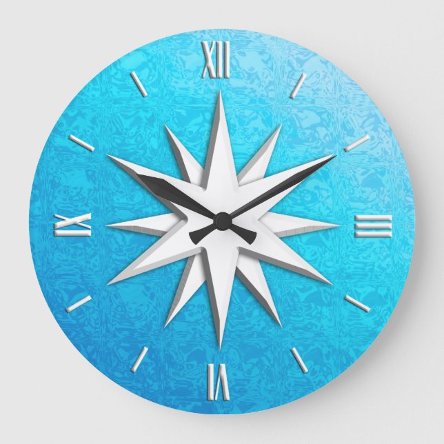 Ivory compass rose - turquoise glass background large clock (Front)