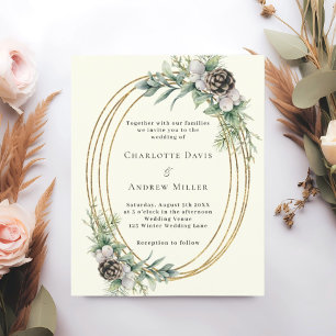 Ivory cone pine greenery wedding invitation