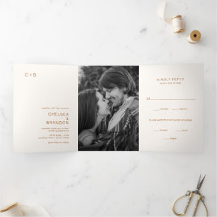 Ivory Copper Monogram Photo Modern Wedding Tri-Fold Invitation