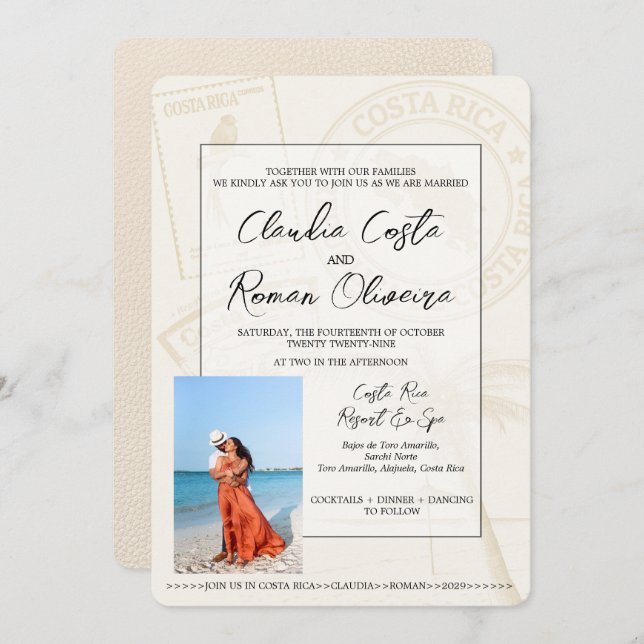 Ivory Costa Rica Passport Wedding Invitation (Front/Back)