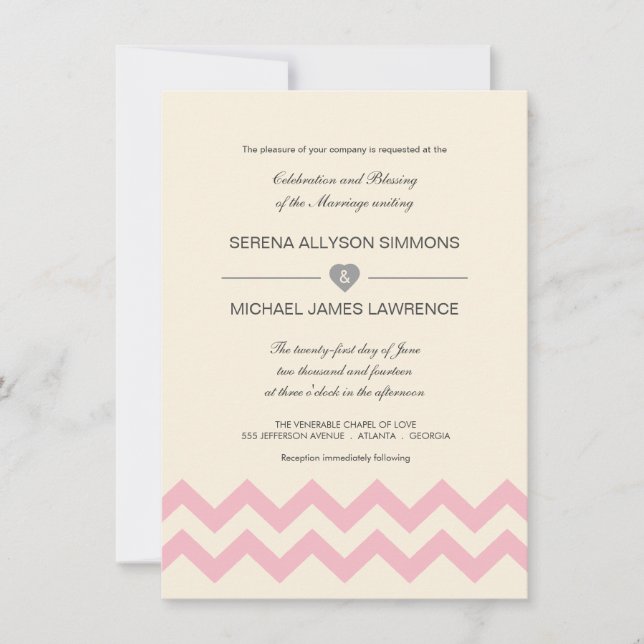 Ivory Cream and Pink Chevron Wedding Invitations (Front)