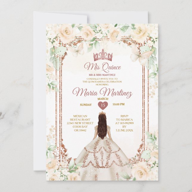 Ivory Cream & Copper Gold Princess Quiñceanera Invitation (Front)