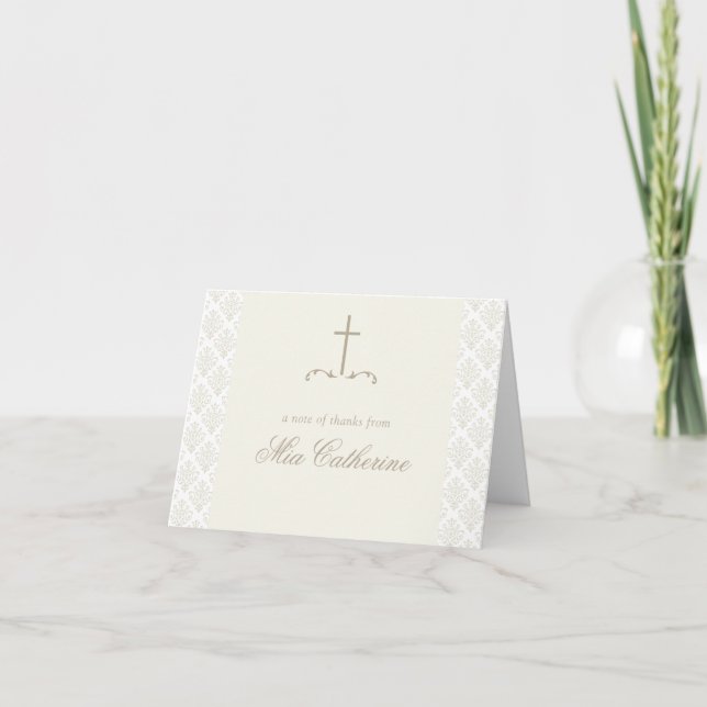 Ivory Cream Damask Cross Thank You Card (Front)