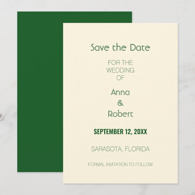 Ivory Cream Dark Green Save the Date (Front/Back)